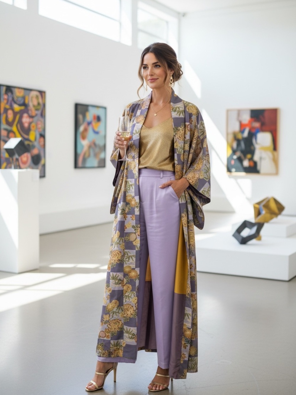 Japanese kimono duster Floral chrysanthemum Lavender and Gold Long One Size